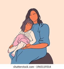 Mom gently hugging her daughter with a lot of love. Mother's day or March 8 card, holiday concept. Cartoon flat isolated vector design.