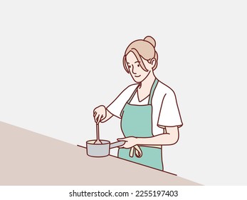 Mom getting to cook with a pan and a apron simple korean style illustration