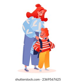 Mom is getting her son ready for school. Helping to put backpack on his shoulders. Concept back to school, education and getting ready to learn. Vector illustration with people in flat cartoon style