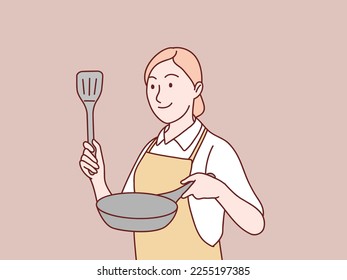 Mom is getting ready to cook with a pan and a spatula simple korean style illustration