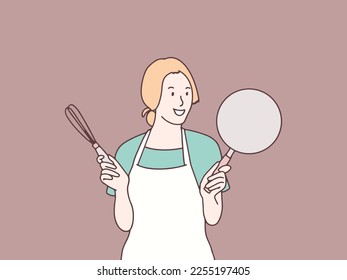 Mom is getting ready to cook with a pan and a whisk simple korean style illustration