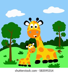Mom giraffe playing with his son in sunny day in the jungle cartoon vector illustration