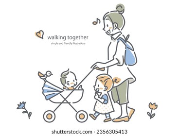 mom, girl and baby walking together, simple and cute illustration