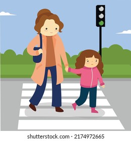 Mom Girl Cross Road Pedestrian Crossing Stock Vector (Royalty Free ...