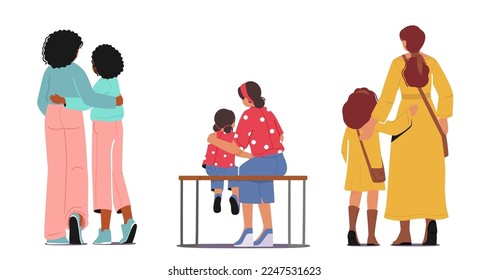 Mom and Girl Embrace and Hugging Rear View. Loving Mother and Little Daughter Characters Communication, Mothers Day Concept. Mom Hug Child on Back View. Cartoon People Vector Illustration