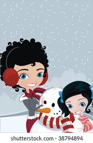 mom and girl making snowman