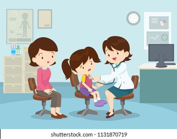 Mom And Girl To See Doctor Sitting At The Table In Hospital, Infirmary, Clinic.healthcare Concept.Character Professional Physician On Workplace Illustration.Mother And Her Children  With Doctor.