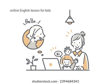 mom and girl take English lesson online