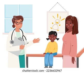 Mamá y chica hablando con el doctor. Mamá negra y su hija visitando al médico.