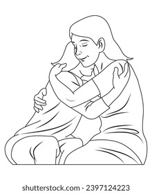 A mom give a hug in outline and vector format.