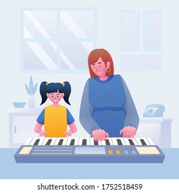 Mom give piano lessons to kid