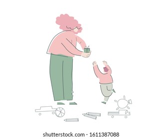 Mom gives her child a holiday gift. A scene from family life. Rejoicing child runs to mother. Pink and green colored vector Illustration EPS 10 isolated on white.