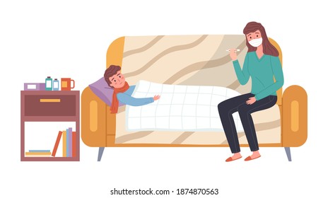 Mom gives the patient a thermometer to measure the temperature. Family on white background. Male character having a cold and lying on the sofa. Mother treats son. The wrapped guy lies under the covers