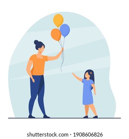 Mom giving balloons to happy daughter. Parent and kid celebrating event together. Flat vector illustration. Family, childhood, birthday party concept for banner, website design or landing web page