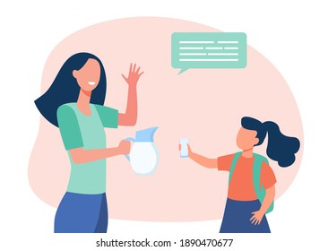 Mom Giving Daughter Glass Of Milk. Child, Kid, Pouring From Jug, Speech Bubble. Flat Vector Illustration. Childhood, Healthy Nutrition Concept For Banner, Website Design Or Landing Web Page