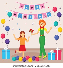 Mom Giving flowers to her toddler daughter concept, Little Girl Jumping and Joy vector design, special anniversary events card, Cheers to another year banner, indoor Party People scene illustration