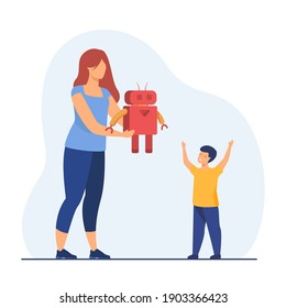 Mom giving robot to happy kid. Gift, present, toy. Flat vector illustration. Robotics, innovation, technology concept for banner, website design or landing web page