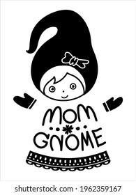 Mom gnome, a cute character design of female gnome, mother day gift, a black silhouette on white background. vector illustration.