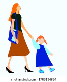 
mom and go go by the hand on a white background, both red-haired, mom carries a bag, little child smiles