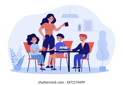 Mom and group of kids drinking tea and eating cake. Dessert, tea party, siblings flat vector illustration. Family, celebration, childhood concept for banner, website design or landing web page