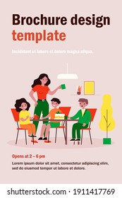 Mom and group of kids drinking tea and eating cake. Dessert, tea party, siblings flat vector illustration. Family, celebration, childhood concept for banner, website design or landing web page