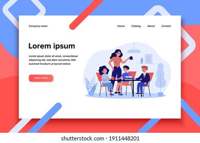 Mom and group of kids drinking tea and eating cake. Dessert, tea party, siblings flat vector illustration. Family, celebration, childhood concept for banner, website design or landing web page