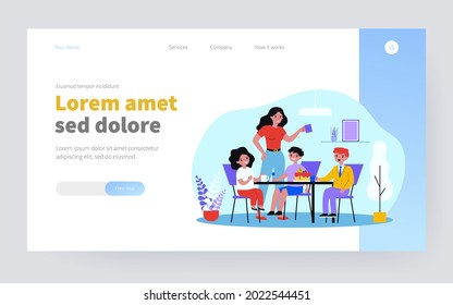 Mom and group of kids drinking tea and eating cake. Dessert, tea party, siblings flat vector illustration. Family, celebration, childhood concept for banner, website design or landing web page