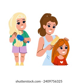 mom hair brush kid girl  vector.  comb child, mother daughter, beauty mum mom hair brush kid girl character. people flat cartoon illustration