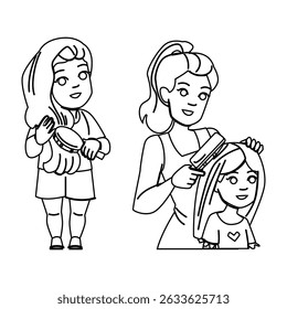 mãe escova de cabelo criança vetor menina. pente criança, mãe filha, beleza mãe escova de cabelo criança personagem menina. pessoas linha preta lápis desenho ilustração