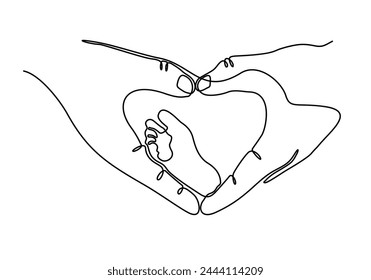 Mom hands hold the legs of a newborn one line art with colorful elements. Continuous line drawing of motherhood, family, endless love, child, mother s day, baby feet, tenderness.