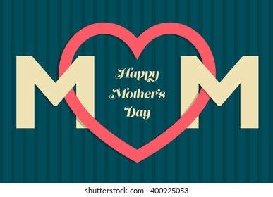 MOM Happy Mothers day card with pink heart over dark background, vector background