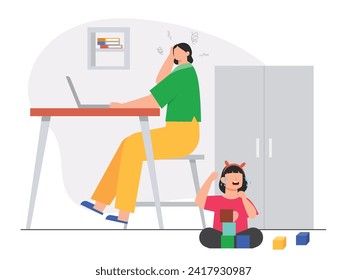 Mom has a dizzy moment. Working at home on a laptop, with a crying daughter. Character design. Vector flat illustration