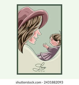 mom with a hat carrying her daughter, vector illustration for Mother's Day poster in artistic and subtle style