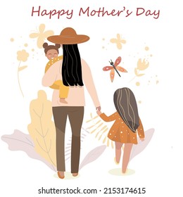 Mom in hat with children walking holding hands, rear view, vector illustration, flowers, butterfly, happy mother's day.