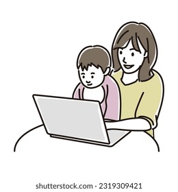 Mom heading to the computer while holding a child,　Vector Illustration