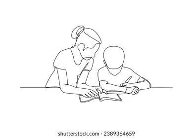 Mom help her son to finish home work. minimalist help each other concept.