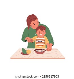 Mom helping kid with food. Mother feeding child from spoon. Happy baby in nib eating healthy nutrition, porridge with berries, sitting at table. Flat vector illustration isolated on white background svg