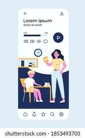 Mom helping son to do school home task. Boy writing at desk, woman holding book flat vector illustration. Education, knowledge, studying concept for banner, website design or landing web page