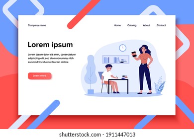 Mom helping son to do school home task. Boy writing at desk, woman holding book flat vector illustration. Education, knowledge, studying concept for banner, website design or landing web page