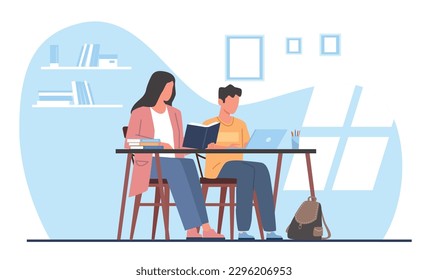 Mom helps her son do his homework. Mother with kid sitting at desk with books. Clever boy studying at home, schoolchild learning with parent. Cartoon flat style isolated vector concept