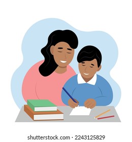 Mom helps her son with lessons, a indian family, a flat vector, isolated on white