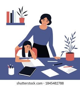 Mom helps his daughter do her homework. Learning, studying process at home. The girl writes in a notebook. Flat vector illustration