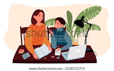 Mom helps son with homework.Characters are sitting at the table with a laptop,table lamp,book,notebook.Background with houseplant.Vector flat style cartoon illustration.Education and guidance concept.
