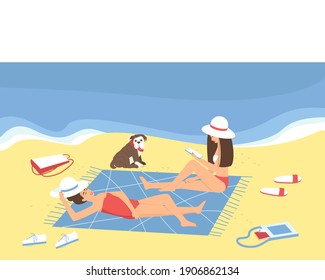 Mom and her adult daughter are relaxing on the beach by the sea. Girlfriends sunbathe by the sea. The girl sits and reads an e-book. Flat vector illustration.