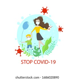 Mom and her baby in medical masks and with an antiseptic. protected from Covid-19. Don’t panic, stop coronavirus concept