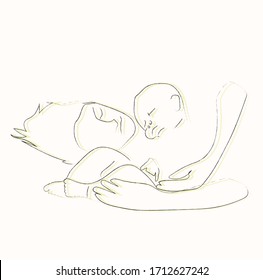 Mom and her baby, nap time.Mother with her newborn baby care hand that touch of love. sketch