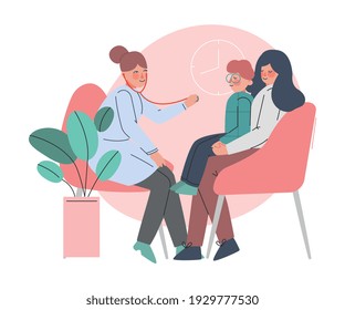 Mom and her Baby Visiting Doctor, Pediatrician Examining Child with Stethoscope in Medical Clinic, Health and Medical Treatment for Children Cartoon Vector Illustration