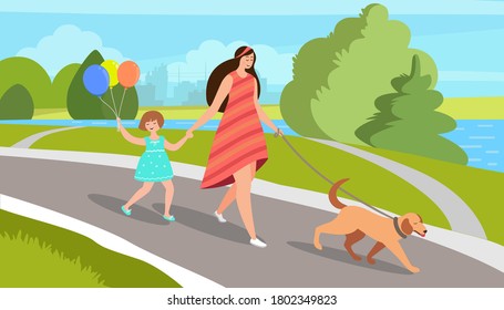 Mom with her daughter and the dog are walking in the park.