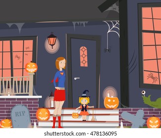 Mom with her daughter dressed up for Halloween, and stand near the entrance to the house. Vector illustration