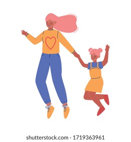 Mom and Her Daughter Jumping Together Holding Hands, Happy Family Having Fun Vector Illustration